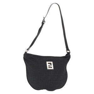 Authentic FENDI Zucca Canvas Shoulder Bag Black Silver
